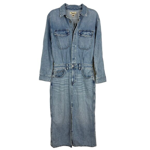 MADEWELL Denim Midi Shirtdress 8 Altoona Wash Blue Jean Slit Button Up B2 - Picture 2 of 6